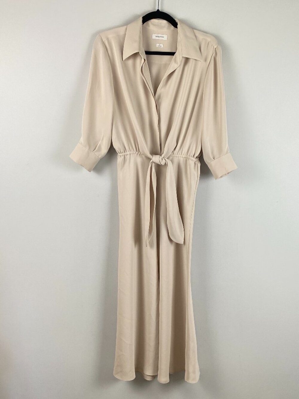 Aritzia Babaton Abbey Midi Dress Satin Button-Up Beige Size Small Tie Waist